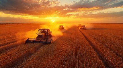 Fototapeta premium aerial view of combine harvesters in wheat field during harvest dust clouds golden light trucks waiting nearby