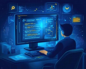 Naklejka premium E-learning platform with a student attending a virtual class, digital style, sharp focus, high detail