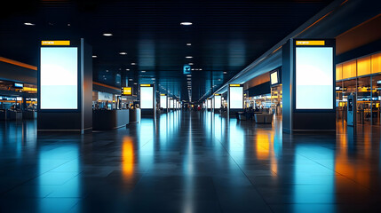 Modern airport interior with illuminated advertising displays.