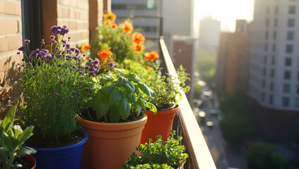 Urban balcony garden bursting with colorful plants and flowers