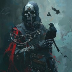 Fototapeta premium Mysterious Figure with a Skull Mask and Crows