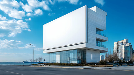 Modern architectural structure with a large white facade by the waterfront.