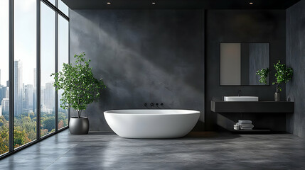 Modern bathroom design with a freestanding tub and large windows.