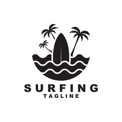 Logo Surfing Beach Vector Illustration Template. Logo for label, summer holiday and community
