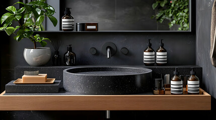 Modern bathroom sink with stylish accessories and greenery.