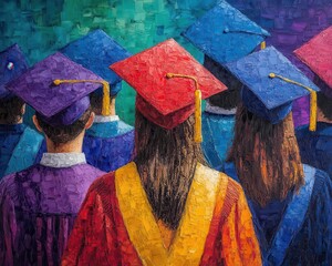 Graduation ceremony with caps and gowns, celebratory style, vibrant colors, high detail