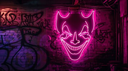 Fototapeta premium A pink neon face glowing against a brick wall, capturing the edgy and playful vibe of a Joker-themed club