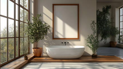Modern bathroom with a freestanding tub and large windows.