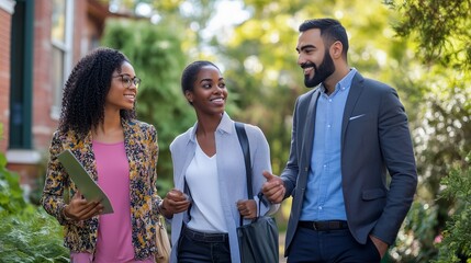 Fototapeta premium Three friends enjoying a casual walk in a sunny garden setting while engaging in lively conversation