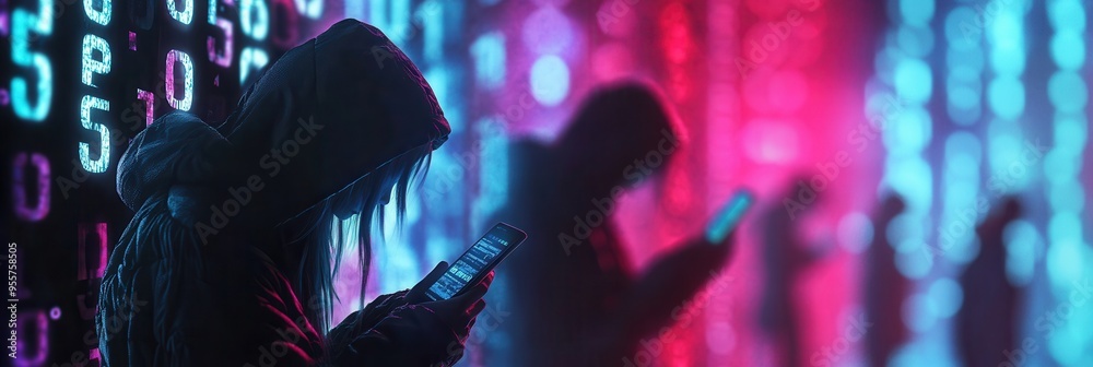 Fototapete users focus on smartphones, immersed in a sea of digital codes that convey a sense of loneliness in 