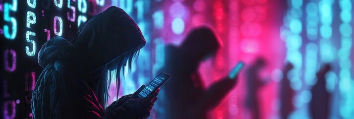 Users focus on smartphones, immersed in a sea of digital codes that convey a sense of loneliness in a virtual environment. Generative AI