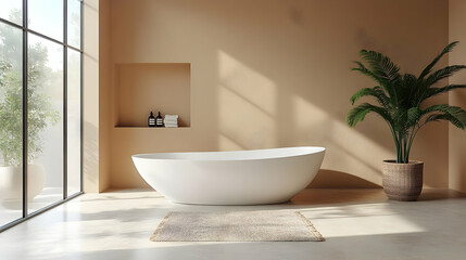 Modern bathroom with a freestanding tub and natural light.