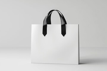 Blank white paper gift bag with black silk handle, isolated 3D mockup - retail, packaging, branding