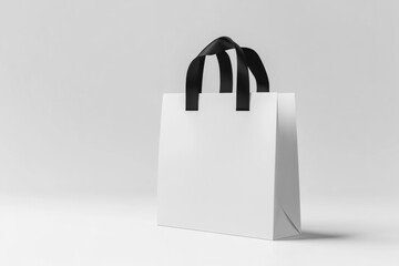 Blank white paper gift bag with black silk handle, isolated 3D mockup - retail, packaging, branding