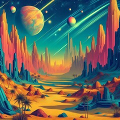 landscape with moon and stars sci-fi graphic design