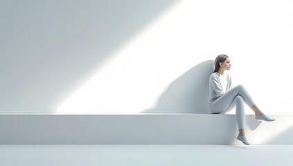 Hyper-realistic 3D rendering of a woman on a shelf