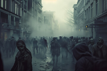 Zombie Apocalypse in a Ruined City with Hundreds of Undead Walking the Streets Showing Bloody and Rotten Faces