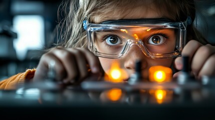 Curious Young Girl Scientist in Safety Glasses Looking at Experiment