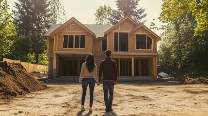 Couple holding hands while standing in front of their newly constructed home on a sunny day in a peaceful neighborhood