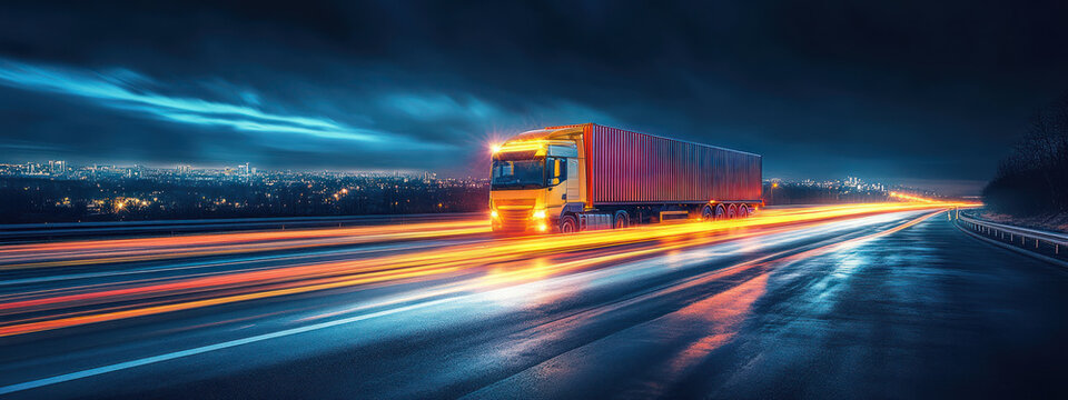 A long exposure shot of truck on highway at night, showcasing vibrant light trails and moody atmosphere.