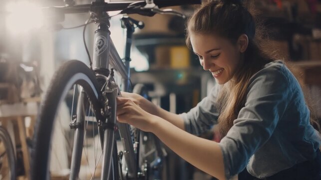 Woman Repairing Bicycle in Workshop