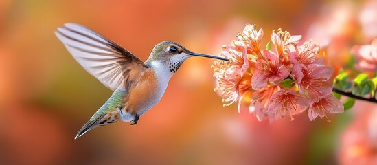 Naklejka premium Hummingbird in Flight, Feeding on Flowers