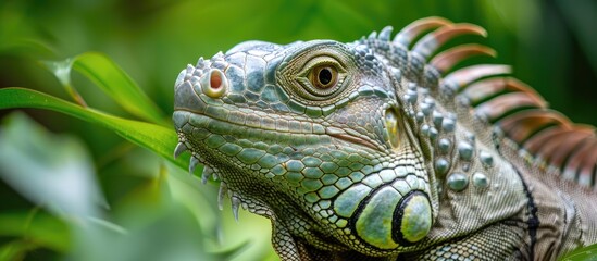 Fototapeta premium A Large Green Iguana Up Close Large Green Iguana On A Green Background
