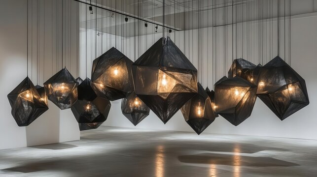 avantgarde chandelier installation constellation of matte black geometric pendant lamps varying shapes and sizes minimalist gallery space dramatic shadows