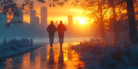 Fototapeta premium Two friends enjoy a run together as the sun sets over a snowy cityscape.