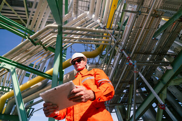 a man worker engineer conducts a site inspection at an industrial facility of gas and oil petroleum...