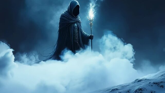 Cloaked figure stands on snowy terrain holding luminous staff. Mist swirls around the mysterious being, creating an otherworldly atmosphere. 