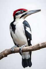 Fototapeta premium Ivory Woodpecker Perched on a Branch with White Background, Wallpaper, Cover and Screen for Smartphone, PC, Laptop, 9:16 and 16:9 Format