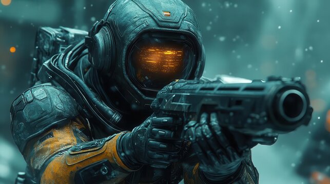 battleready warrior in sleek exosuit pulsing energy veins advanced weaponry stealth camouflage holographic hud dynamic action pose futuristic urban battlefield smoky atmosphere