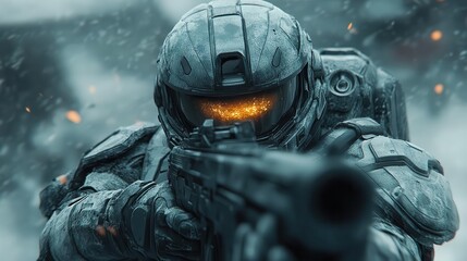 battleready warrior in sleek exosuit pulsing energy veins advanced weaponry stealth camouflage holographic hud dynamic action pose futuristic urban battlefield smoky atmosphere