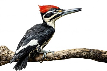 Obraz premium Ivory Woodpecker Perched on a Branch with White Background, Wallpaper, Cover and Screen for Smartphone, PC, Laptop, 9:16 and 16:9 Format
