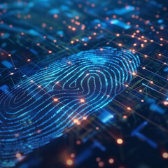 A giant holographic fingerprint scanner securing access to sensitive information, with laser grids and encrypted networks.

