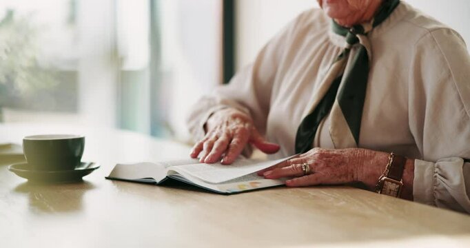 Senior woman, reading and coffee for bible study, faith and learning knowledge of Christian scripture. Elderly person, book and religion for retirement, worship or teaching of gospel of Jesus Christ