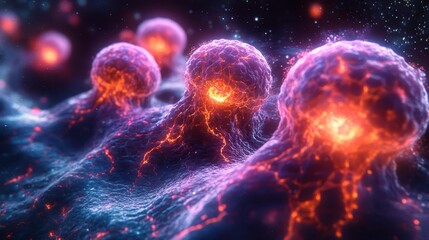 Fototapeta premium bioluminescent cancer cells neonhued microscopic view intricate cellular structures eerie glow dark background scientific yet artistic representation