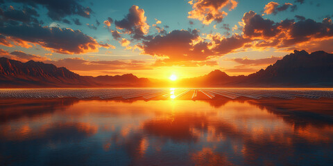 A breathtaking sunset over a vast solar farm, with the golden light reflecting off the water.