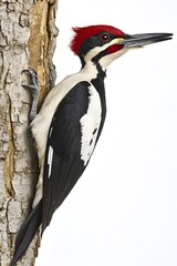 Fototapeta premium Ivory Woodpecker Perched on a Tree with White Background, Wallpaper, Cover and Screen for Smartphone, PC, Laptop, 9:16 and 16:9 Format