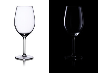 Empty wine glass isolated on a contrasting black and white background
