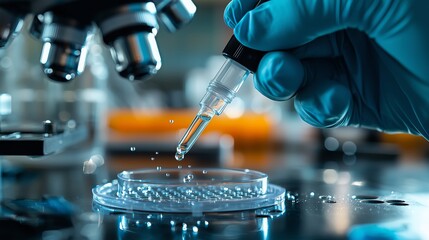 Scientist Dropping Liquid into Petri Dish with Microscope in Background