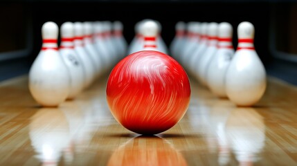 Striking Contrast: Red Bowling Ball and Pins