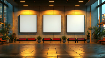 Modern interior with blank frames and seating in a stylish lobby.