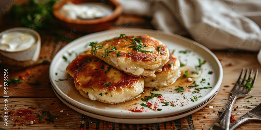 Sticker Chicken Breast and Mozzarella Stuffed Pancakes Served with Sour Cream on White Ceramic Plate on Wooden Table