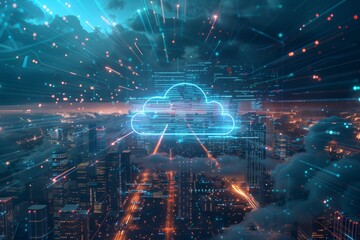Fototapeta premium Aerial view of a futuristic cityscape showcasing cloud computing and digital data transfer across global networks