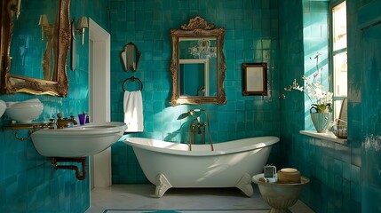 Teal bathroom with white-turquoise tiles, vintage mirrors, and elegant design