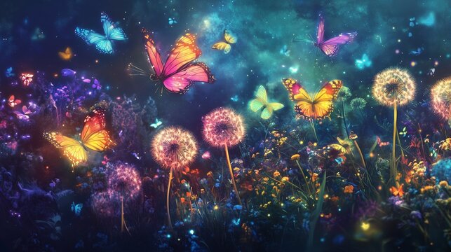 Fototapeta Colorful butterflies fluttering among dandelions and wildflowers in a mystical forest illuminated by soft lights at twilight