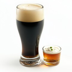 A Tall Glass of Dark Beer with a Shot of Whiskey and Cream