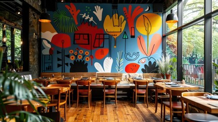 A restaurant with wooden tables and chairs. This photo is perfect for showcasing the interior design of a restaurant or cafe.